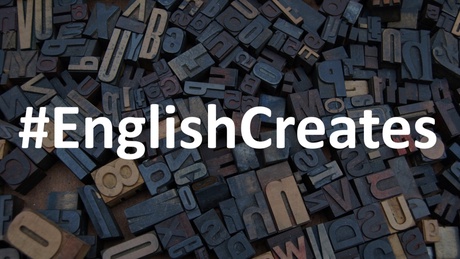 Words 'EnglishCreates' over wooden letter blocks