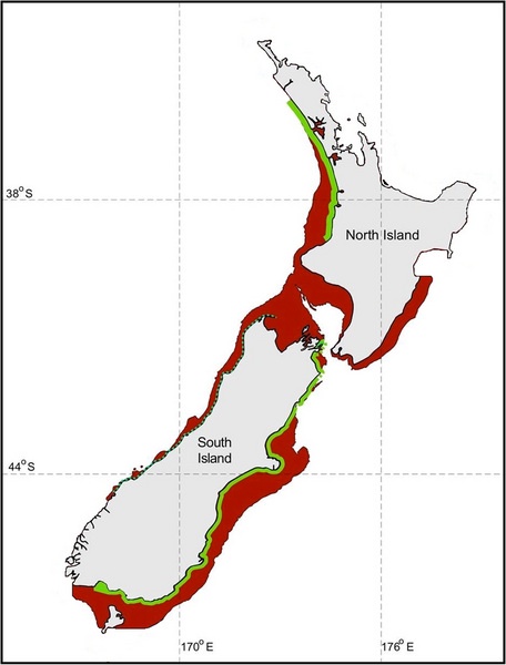 Shows the species range (Hector's in South, Maui's in North) in red. Green lines depict areas where they are protected against fishing. The east coast of the South Island is a dotted line because it only comes into effect for a few months of the year.