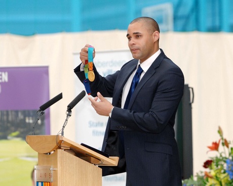 Jason Gardener with his Olympic gold medal