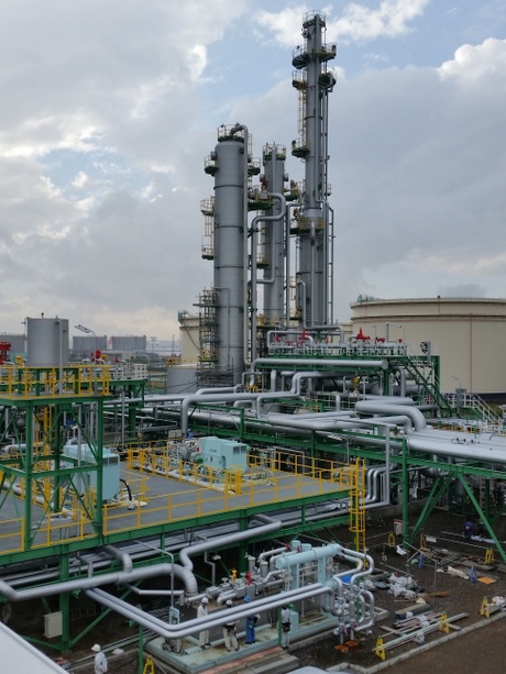 The Carbon Capture and Storage (CCS) demonstration facility in Tomakomai, Hokkaido, Japan. This view shows the carbon dioxide absorption and separation towers. Photo by Florian Kraxner