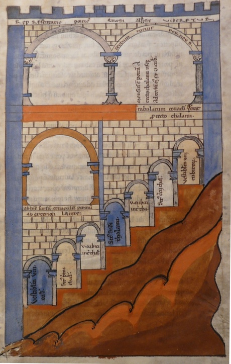 A 12th-century manuscript showing an elevation and a plan for a gatehouse in the style of Richard's drawings (MS Bodley 494 in the Bodleian Library, Oxford)