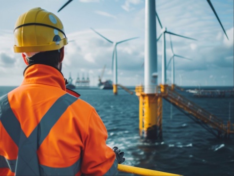 A worker in a yellow safety helmet and orange overalls looking out at an offshore windfarm