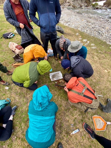 a group of people in waterproofs looking at invertebrates in a tray
