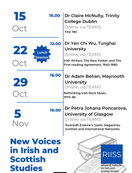 Poster for the New Voices in Irish and Scottish Studies events, featuring evens throughout October and November