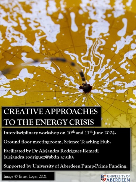 Poster for "Creative Approaches to the Energy Crisis", with the image of a tube of oil flowing out of a globe.