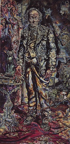 The portrait of Dorian Gray, showing a decomposing person in front of an abstract background.