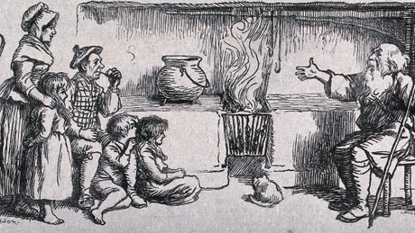 Illustration of a group of people gathered in an old-fashioned kitchen, listening to an old man in a chair telling a story.
