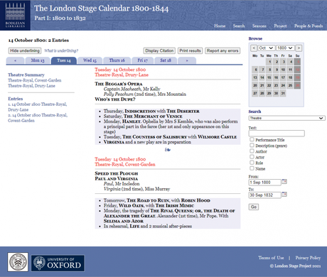The London Stage Database is the latest in a long line of projects that aim to capture and present the rich array of information available on the theatrical culture of London, from the reopening of the public playhouses following the English civil wars in 1660 to the end of the eighteenth century.