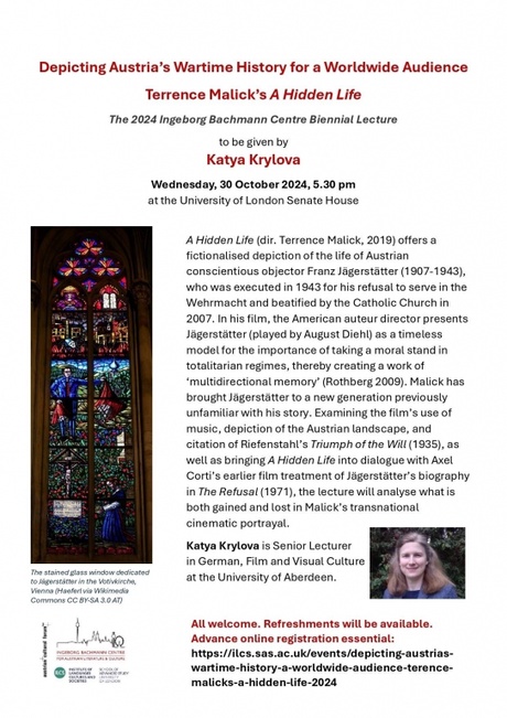 Poster for the talk, with details of the talk, an image of a stained glass window, and a picture of Dr Krylova.