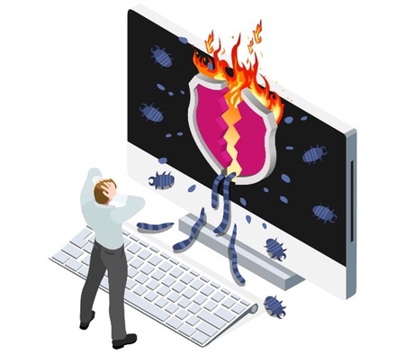 cartoon man standing in front of laptop with flames on screen