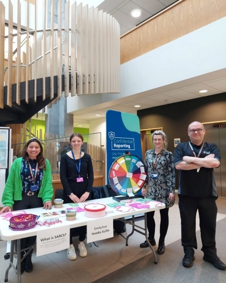 GBV pop-up at the Suttie Centre. Left to right it is: Gabriela Valecillos (Counsellor), Holly Turner (Emily Drouet Intern), Lisa Kilgour (Student Support Adviser), Owen Cox (Security Officer).