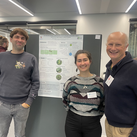 Poster competition winner Nera Cornell with : Dr Stuart Smith and Professor David Burslem beside a poster