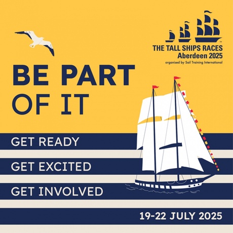 An illustration of a ship and a seagull with text thatreads 'Be a part of it. Get ready, get excited, get involved. 19 - 22 July 2025'