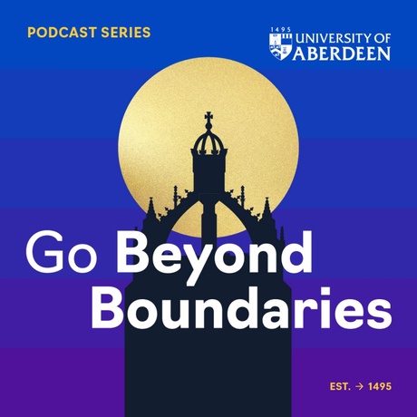 A graphic silhouette of the King's Tower Crown on top of a gold moon and a blue background. Text reads 'Go Beyond Boundaries. Podcast series.'