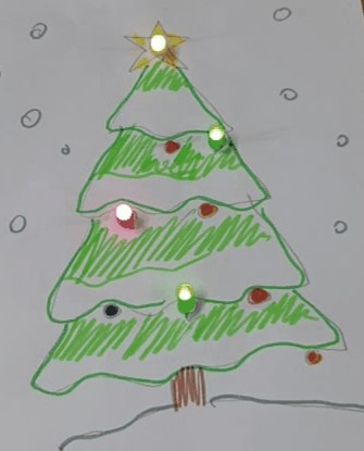 Photo of a drawing of a christmas tree with lights