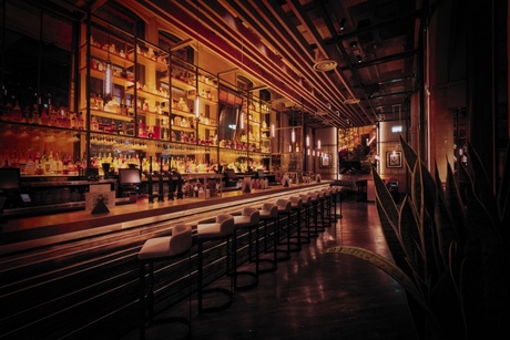 Interior of the Alchemist bar. Long bar top with beer taps and stools with large display of drinks and bottles behind the bar.