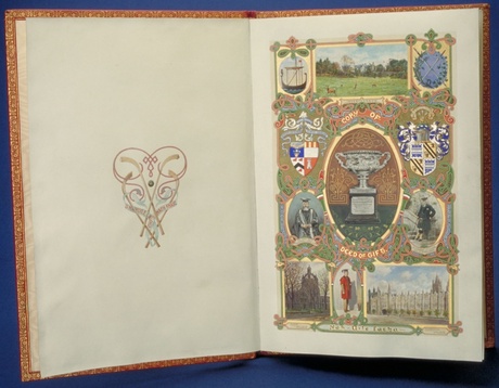 A colourful illuminated manuscript showing a trophy, buildings of the university, and shinty-related motifs