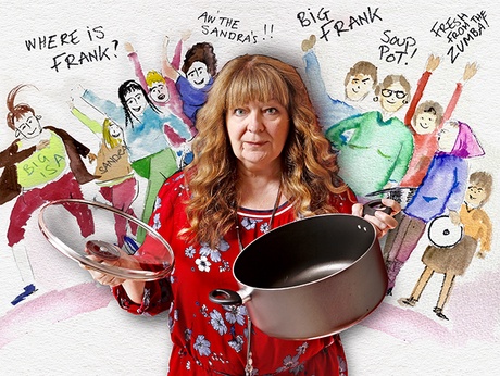 Janey Godley with soup pan