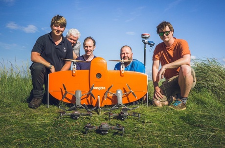 The team with the Wingtra VTOL platform at Tysinghame near Dunbar in July 2019 (L to R: Billy J. Gregory (DroneLite); David R. Green; Dmitri Mauquoy (UCEMM); Andrew Smith (University of Aberdeen); and Dave Harrison (Geo4D)