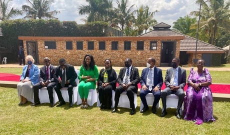 Onyoja with the Hon. Chief Justice of the Republic of Uganda, His Lordship, Alfonse Owiny-Dollo; the Chief Justice of Kenya and President of the Supreme Court, the Hon. Lady Justice Martha Koome; Head of the Uganda Chapter of IAWJ, the Hon. Lady Justice Henrietta Wolayo, President NAWJU; International Development Law Organisation.