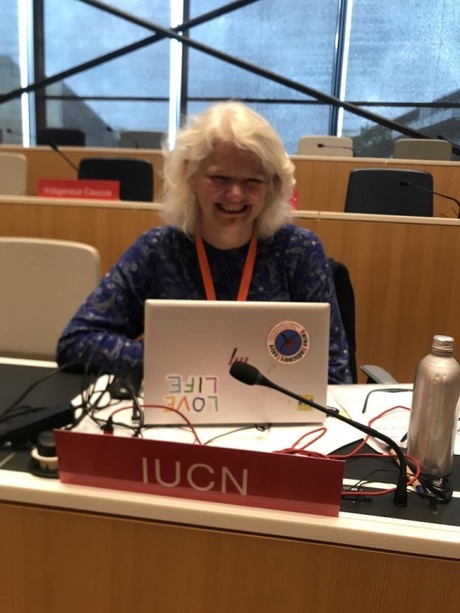 Abbe Brown sits in front of IUCN delegation desk