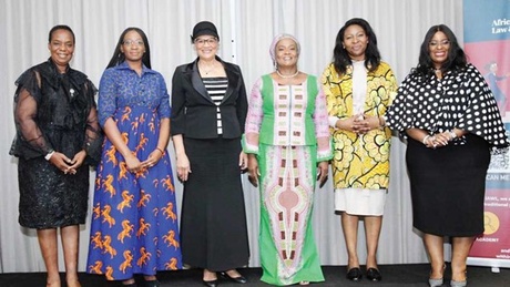 Dr Onyoja Momoh photographed alongside IAWL Executive Director Professor Jarpa Dawuni (Howard University, USA), Supreme Court Justice Amina Augie CON, Mrs Chinyere Okorocha NBAWF, Professor Yinka Omorogbe SAN (NIALS) and Professor Oluyemisi Bamgbose SAN (Ibadan).