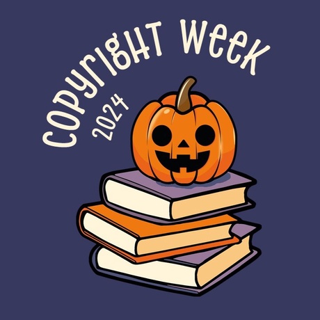 Copyright Week 2024 image showing a jack-o-lantern on a pile of books