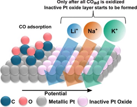 A graphical abstract showing how the alkali metal cation affects Pt deactivation during electrooxidation