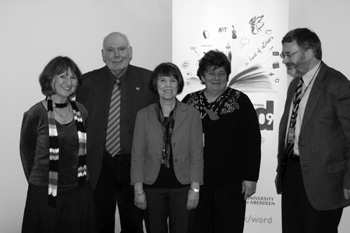 Lindy Cheyne, editor of the Leopard, Prof. Paul Dukes (both judges), Eleanor Fordyce, winning writer, Sheena Blackhall, Word Festival Writer in Residence and Honorary Fellow of the Elphinstone Institute, Ian Russell, Director of the Elphinstone Institute.