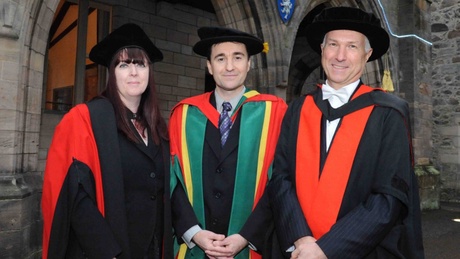 (L-R) Professor Jan Skakle - Head of School of Natural & Computing Sciences, Dr Laurent Trembleau, Professor Bryan MacGregor - Vice Principal, and Head of College of Physical Sciences