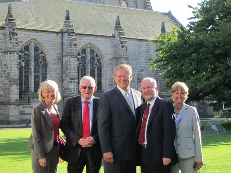 The Mayor of Stavanger Leif Johan Sevland Mayor, Lord Provost of Aberdeen Peter Stephen and Professor Albert Rodger accompanied by the Deputy Mayor Bjørg Tysdal Moe and City Manager Inger Østensjø