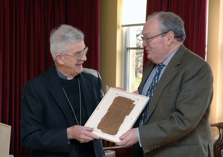 Right Reverend Peter A Moran, Bishop of Aberdeen and Professor Sir Duncan Rice, Principal and Vice Chancellor of the University of Aberdeen, with the facsimile