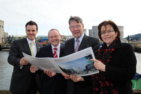 Stephen Fernie of the University's development trust, Derek Duthie and James Brown of the Scottish Fishermen's Trust and head librarian Chris Banks