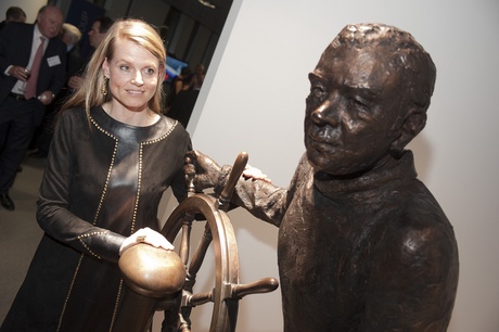 Sculptor Candida Bond with the statue in honour of the late David Craig