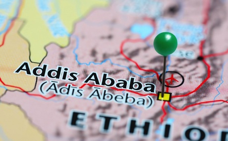 A map with a pin next to Addis Ababa in Ethiopia