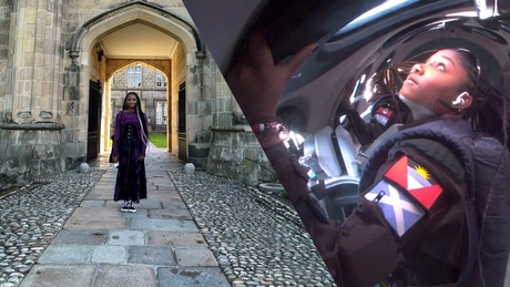 Ana Mayers stands in front of King's College at the University of Aberdeen combined with an image of her in space on board a Virgin Galactic ship