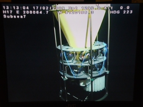 This funnel shaped trap system is used in the DELOS project to collect samples of sinking particles in an oil field offshore Angola. The variation in these samples can be used to compare with natural and human activity in the area