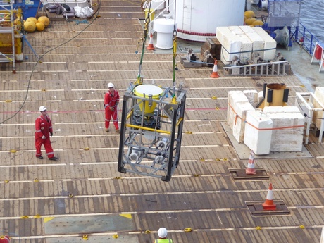 This funnel shaped trap system is used in the DELOS project to collect samples of sinking particles in an oil field offshore Angola. The variation in these samples can be used to compare with natural and human activity in the area.