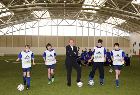 Denis Law with pupils from his former schools