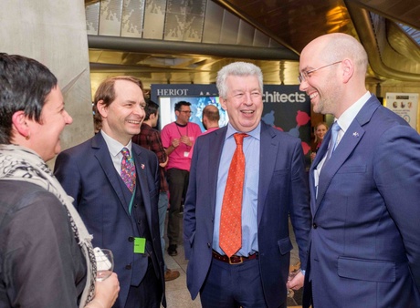 Minister for Europe, Ben Macpherson (far right) speaks with Senior Vice-Principal Karl Leydecker, Dr Jen Scott, and Lewis Macdonald MSP at the Explorathon event at Holyrood