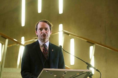 Senior Vice-Principal Karl Leydecker addresses the celebration of European-backed research at Holyrood