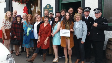 Cast and crew on the set of No Ladies Please, which was filmed at the Fittie Bar