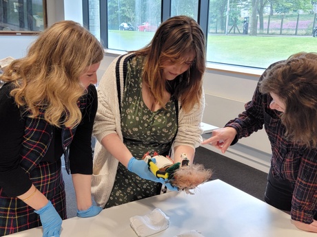 Three female students examining one of the exhibits