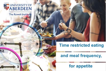 advert for Rowett Institute study shows people eating and a clock. text reads Time restricted eating and meal frequency for appetite