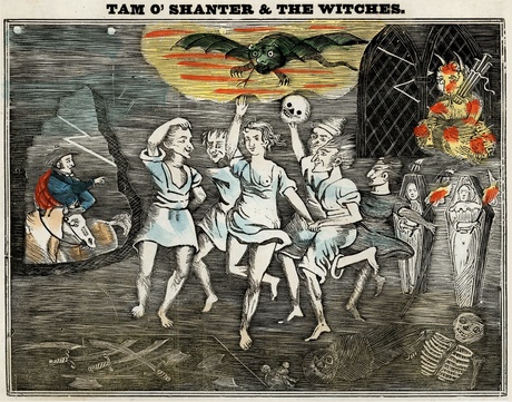 This Glaswegian woodcut block print depicts a scene from the famous narrative poem, Tam o' Shanter, written by Robert Burns in 1791. In the poem, drunken farmer Tam, happens upon a meeting of witches and the Devil in the local haunted church and the ensuing chaos