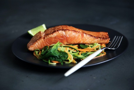 A dish of cooked salmon