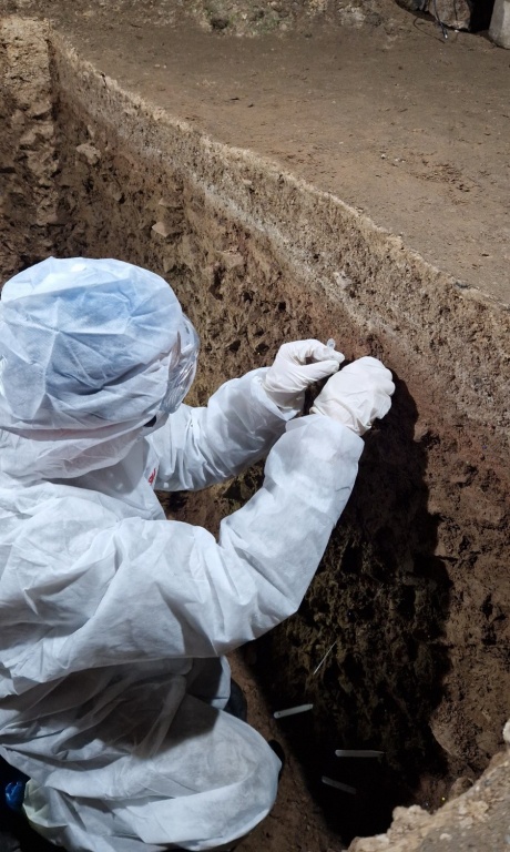 Sampling sediments in Wogan Cavern for ancient DNA, summer 2022 (Photo: E.-L. Jimenez)