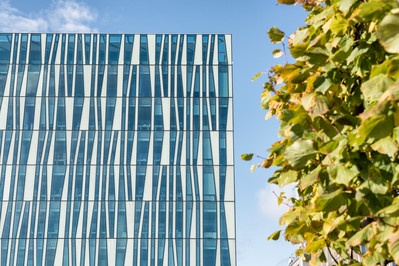 Side View of Sir Duncan Rice Library against the sky, with greenery