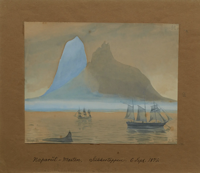 Andreas Kornerup, Naparut = masten. Sukkertoppen. 6. September 1876. (Indskrift) Hav eller fjord, bjerge og to sejlskibe, (Naparut = the mast. The sugar peak. 6 September 1876. (Inscription) Sea or fjord, mountains and two sailing ships), 1876, 21.3 cm x 26.9 cm, Nationalmuseet, Copenhagen, Denmark