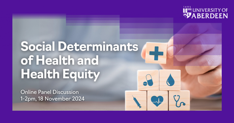 Graphic for an online panel discussion with text saying Social Determinants of Health and Health Equity